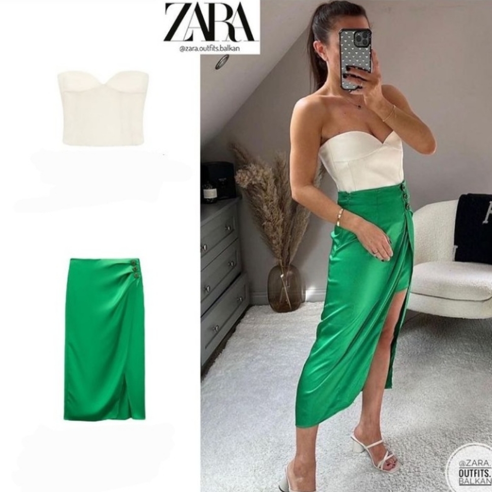 NWT Zara Kelly Green Satin Slit Midi Skirt